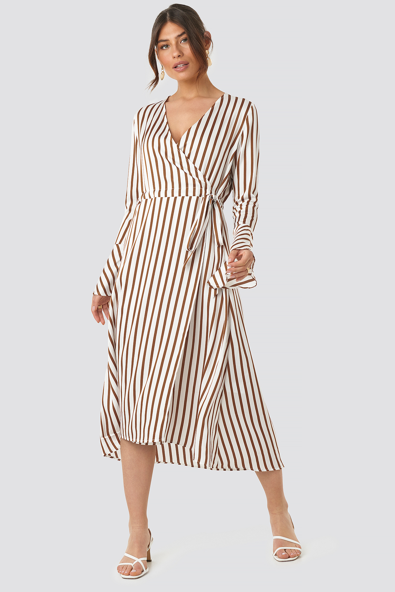 Striped Wide Long Sleeve Dress White ...